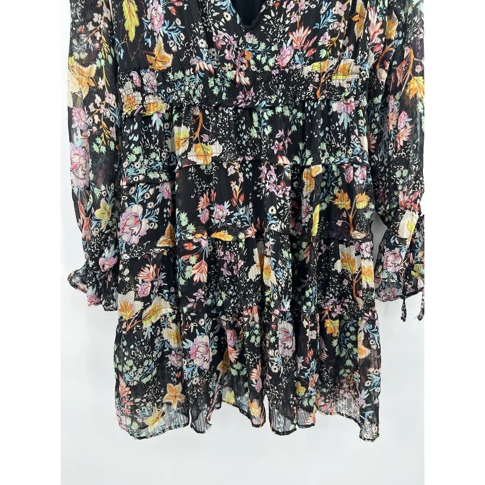 Free People Closer To The Heart Dress XL Black Floral Tiered Ruffle Boho Mini